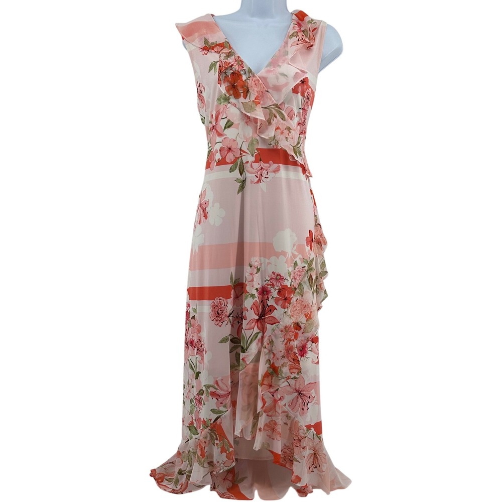 Calvin Klein Floral Ruffle Faux Wrap Hi Low Dress‎ Pink Garden Party Romantic L